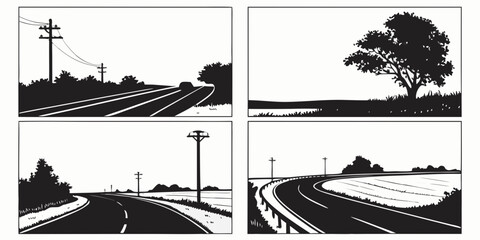 A serene landscape with winding roads and distant mountains under a clear sky Vector © Hemal