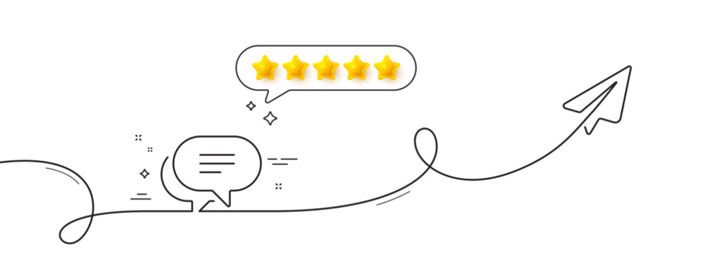 Text message line icon. Continuous line with share plane. Chat comment sign. Speech bubble symbol. Five star rate review in speech bubble. Text message single line ribbon. Loop curve pattern. Vector