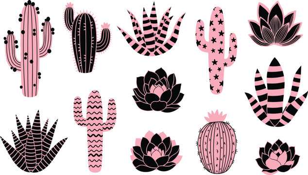 Stylized black and pink cactus and succulent set with floral patterns modern trendy cartoon vector illustration collection