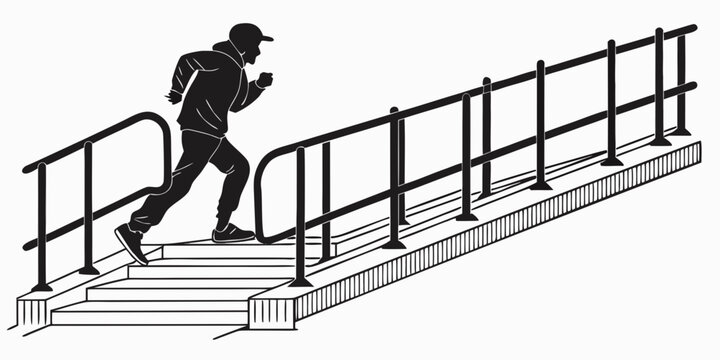 A person running up a set of stairs with a railing on both sides. Vector