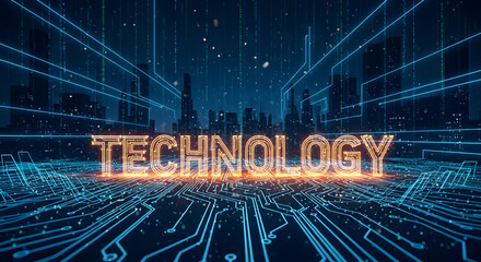 Futuristic Technology Background with Circuit Board and Glowing Text.