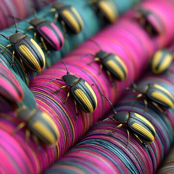 Besouros listrados amarelos rastejando sobre rolos de fios coloridos em tons de rosa e azul, criando um padr&atilde;o visual &uacute;nico e vibrante de macro.