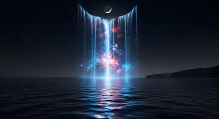 Mystical Waterfall of Light Over the Ocean at Night.