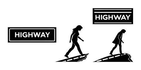 Two individuals walking on a narrow, elevated path with highway signs in the background. Vector © Hemal