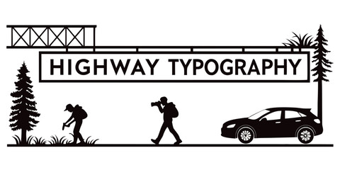Highway typography with a car, pedestrian, and cyclist in a scenic environment Vector © Hemal