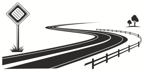 A winding road sign indicating a sharp right turn ahead with a pedestrian crossing nearby Vector © Hemal