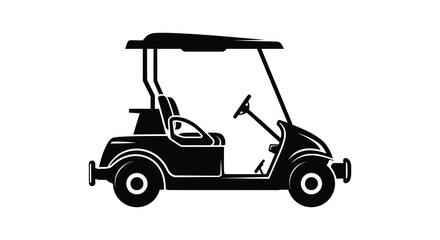 Black silhouette of a golf cart viewed from the side on a white background