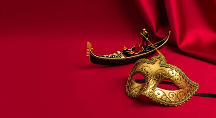 Venetian Elegance - Mask and Gondola on Red Silk.