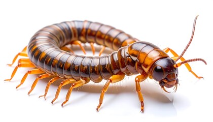 Fototapeta premium A close-up, high-definition photograph of a centipede with a segmented body and numerous legs, set against a clean white background