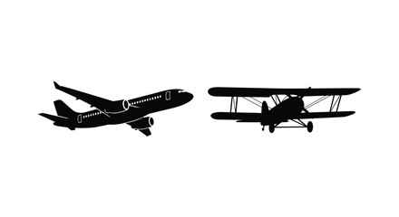 Two aircraft in flight a modern jet and vintage biplane silhouette © Taylor