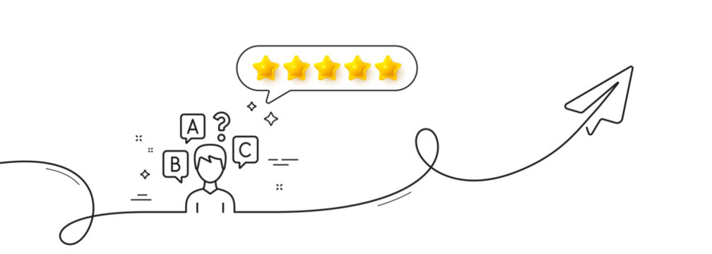 Quiz test line icon. Continuous line with share plane. Select answer sign. Business interview symbol. Five star rate review in speech bubble. Quiz test single line ribbon. Loop curve pattern. Vector