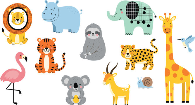 Cute wild animals collection with lion tiger giraffe sloth koala flamingo and more cartoon vector illustration set
