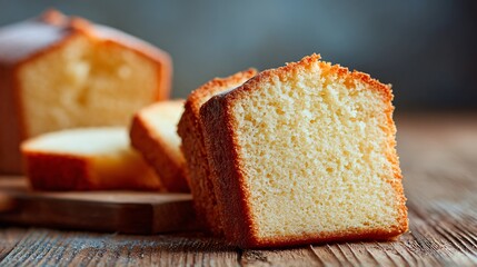 Pound cake slice leaning against loaf, balanced composition, soft background blur