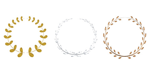 Obraz premium Gold, silver, bronze award icon collection PNG with laurel wreaths circular emblem isolated for champion, success, and prestigious design projects