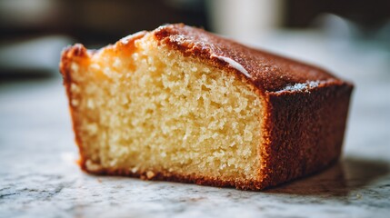 Pound cake slice placed casually on countertop, relaxed everyday dessert mood