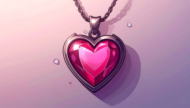 A heart-shaped pendant with a faceted pink gem hangs from a metal chain, casting a shadow. Several tiny gems surround it