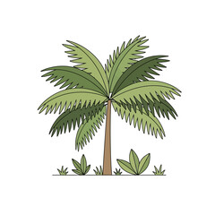 Fototapeta premium Cartoon Palm Tree with Green Fronds and Tropical Plants on White Background