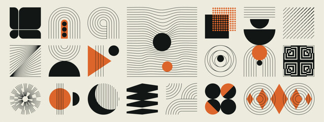 Naklejka na ściany i meble Hand drawn abstract minimal element mid century vector set. Aesthetic contemporary stripe line art, geometric shape in monochrome. Art form design for wall art, decoration, wallpaper