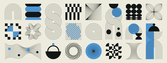 Obraz premium Hand drawn abstract minimal element mid century vector set. Aesthetic contemporary stripe line art, geometric shape in monochrome. Art form design for wall art, decoration, wallpaper