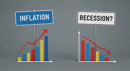 Bar graphs showing inflation rise and recession decline on gray background