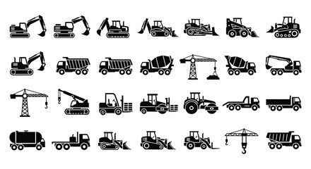 Collection of black silhouette icons depicting various construction vehicles and machinery © arfanah02