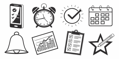 A collection of various icons representing time management and organization. Vector