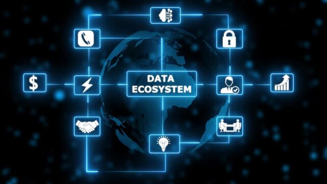 Data ecosystem  network interface with digital connections neon digital solution concept with connected technology icons..