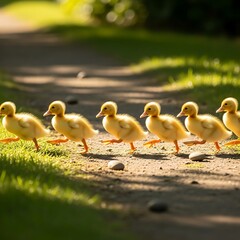 Ducklings on a Path - A Charming Spring Scene.