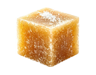 A small, textured, golden-brown cube of food with a rough surface