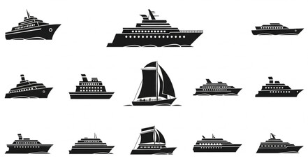 Collection of various ship silhouettes, perfect for maritime design and travel themes. © Toknah