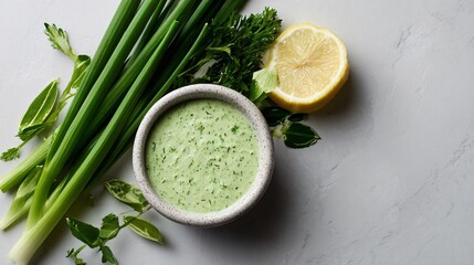 Obraz premium Green goddess dressing arranged in minimalist composition with negative space