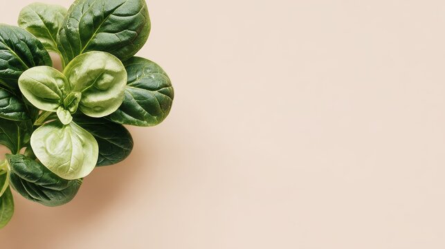 Close-up of fresh green spinach leaves on soft neutral background with copy space, highlighting healthy plant nutrition, minimal lifestyle, clean eating, gut balance, vitamins, and organic food