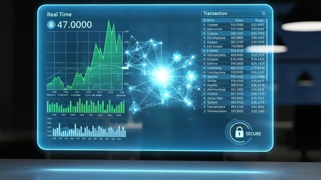 Futuristic Holographic Display Shows Financial Data and Network Connections.