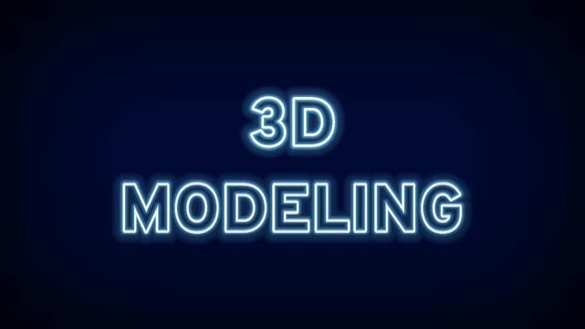 Blue neon 3D Modeling text for computer-aided design digital sculpture architecture prototyping and creative engineering visualization on dark background