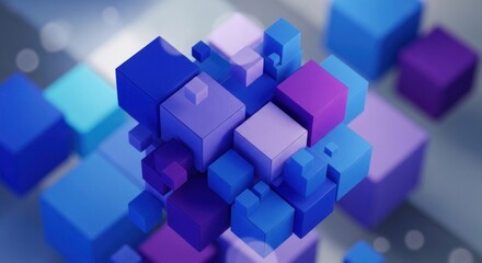 A 3D rendered composition of stacked, floating cubes in various shades of blue and purple