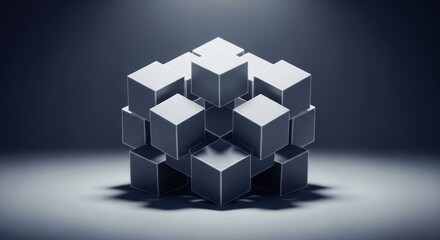 Obraz premium A collection of silver cubes, arranged to form a larger geometric structure, illuminated by a spotlight
