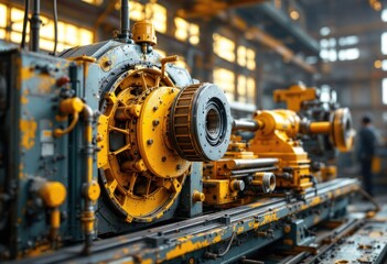 Obraz premium A detailed image of large, industrial, yellow and gray machinery inside a factory