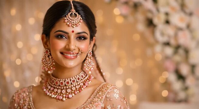 Indian Bride In Pastel Veil With Pearl And Gemstone Jewelry Portrait Ideal For Wedding Promotion Bridal Fashion Advertisement Luxury Brand Campaign And Beauty Marketing