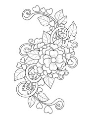 Floral coloring page with heart accents and decorative swirling vines