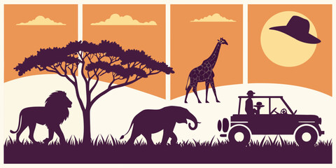 A vibrant illustration of african wildlife with elephants, giraffes, and zebras in a savannah landscape Vector © Arisfa