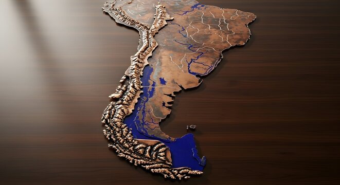 3D topographic relief map of South America crafted from metal and resin on a dark wooden surface.
