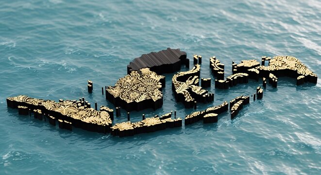 3D map of Indonesia with gold batik floral patterns floating on blue ocean water