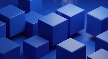 Fototapeta premium Abstract 3D rendering of floating blue cubes with varied perspective against a blurred background
