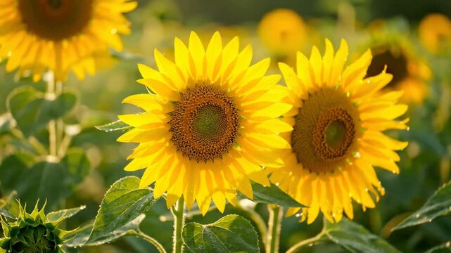 Beautiful sunflower field in bloom during a warm summer sunset. Panoramic banner for an agriculture or nature website header with vibrant yellow flowers and green leaves