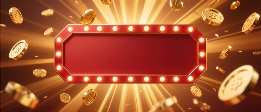 Wide panorama casino banner with red marquee frame and raining gold coins for gambling