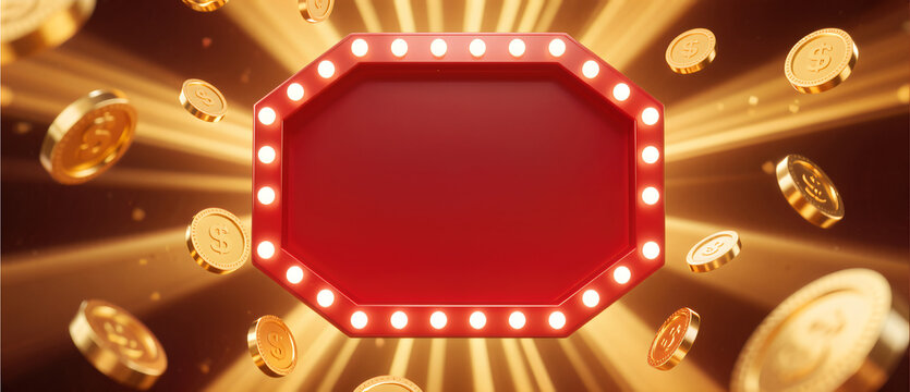 Blank red casino leaderboard frame with glowing lights and falling gold coins background design