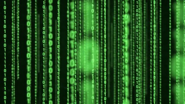 Abstract digital rain of green binary code flowing vertically on a dark background representing technology and data streams in a futuristic concept.