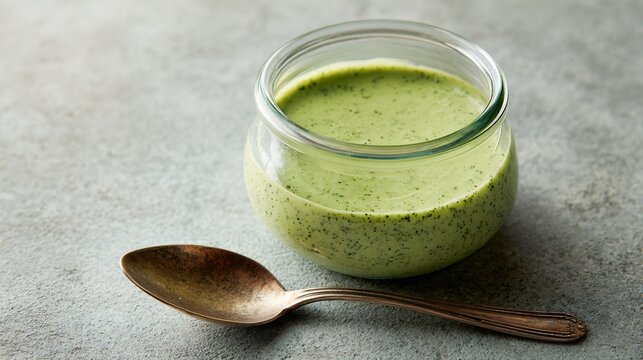 Green goddess dressing presented plainly on neutral background, timeless, versatile food photography