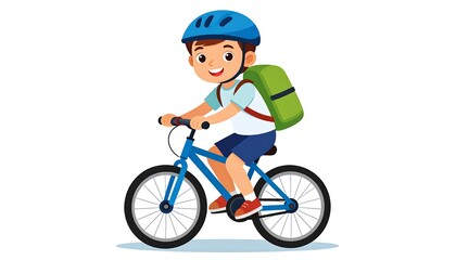 Naklejka premium A cartoon child wearing a blue helmet and backpack joyfully rides a bicycle