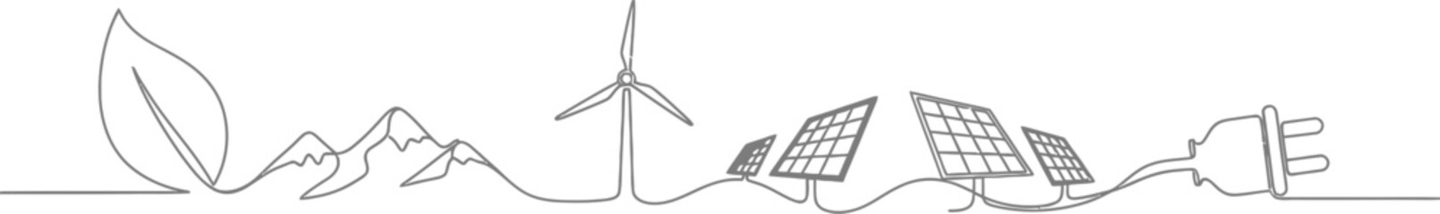 Fototapeta premium Continuous line vector illustration depicting a renewable energy source chain from nature to electrical plug concept